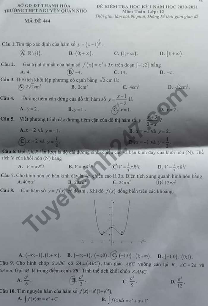Đề thi học kì 1 THPT Nguyễn Quán Nho 2020 môn Toán lớp 12