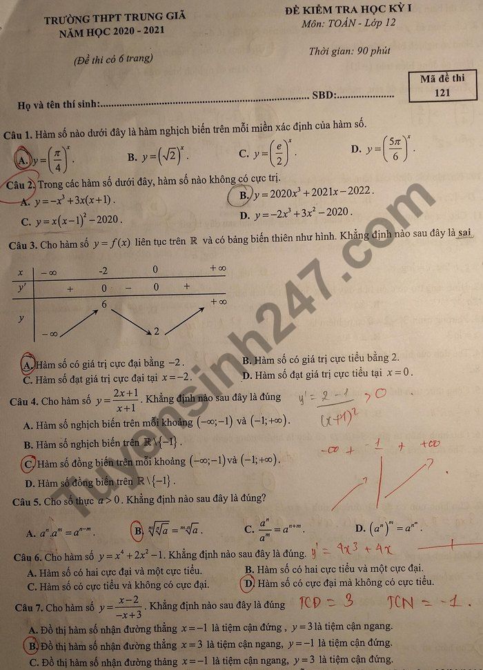 Đề thi học kì 1 THPT Trung Giã 2020 - 2021 môn Toán lớp 12