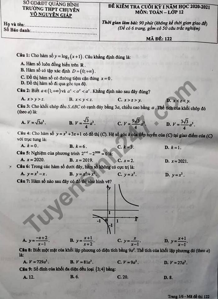 Đề thi học kì 1 THPT Chuyên Võ Nguyên Giáp 2020 lớp 12 môn Toán