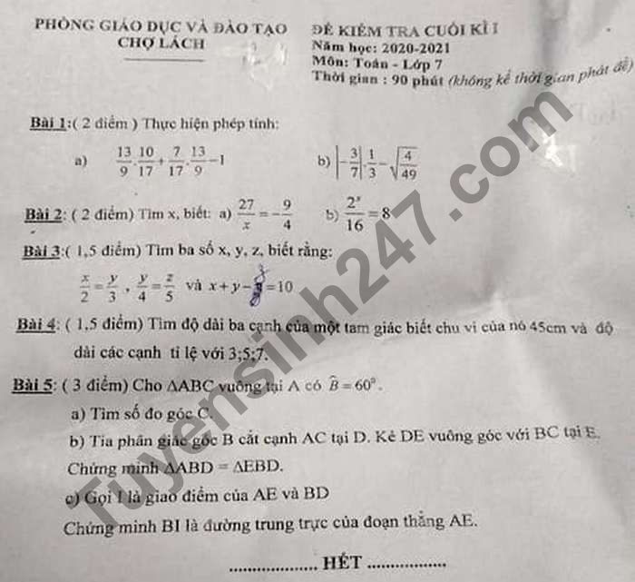 Đề thi học kì 1 Phòng GD Chợ Lách năm 2020 môn Toán lớp 7