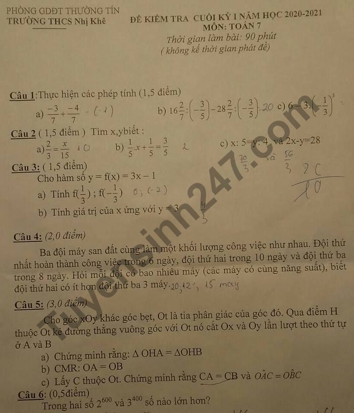 Đề thi học kì 1 lớp 7 môn Toán năm 2020 THCS Nhị Khê