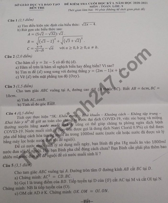 Đề thi học kì 1 Sở GD Bến Tre 2020 - 2021 lớp 9 môn Toán