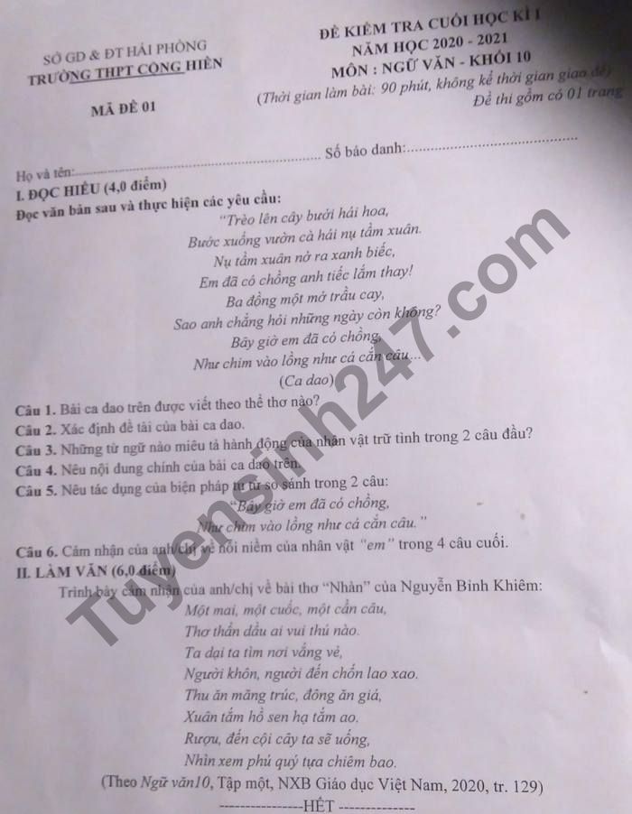 Đề thi học kì 1 THPT Cộng Hiền năm 2020 môn Văn lớp 10