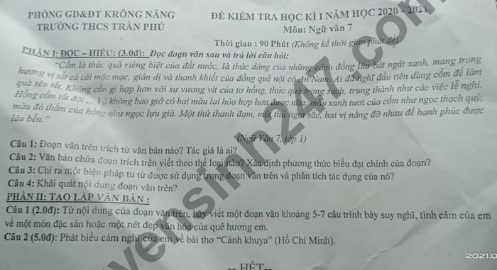 Đề thi học kì 1 THCS Trần Phú 2020 - 2021 môn Văn lớp 7