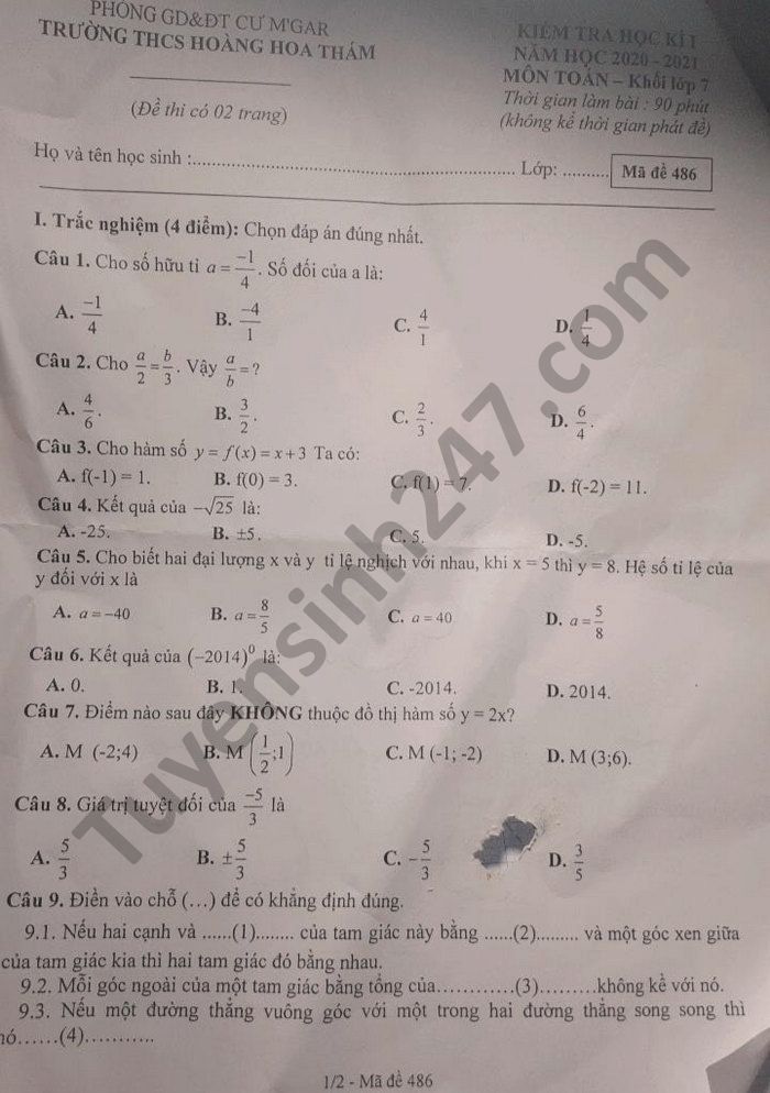 Đề thi học kì 1 năm 2020 THCS Hoàng Hoa Thám môn Toán lớp 7