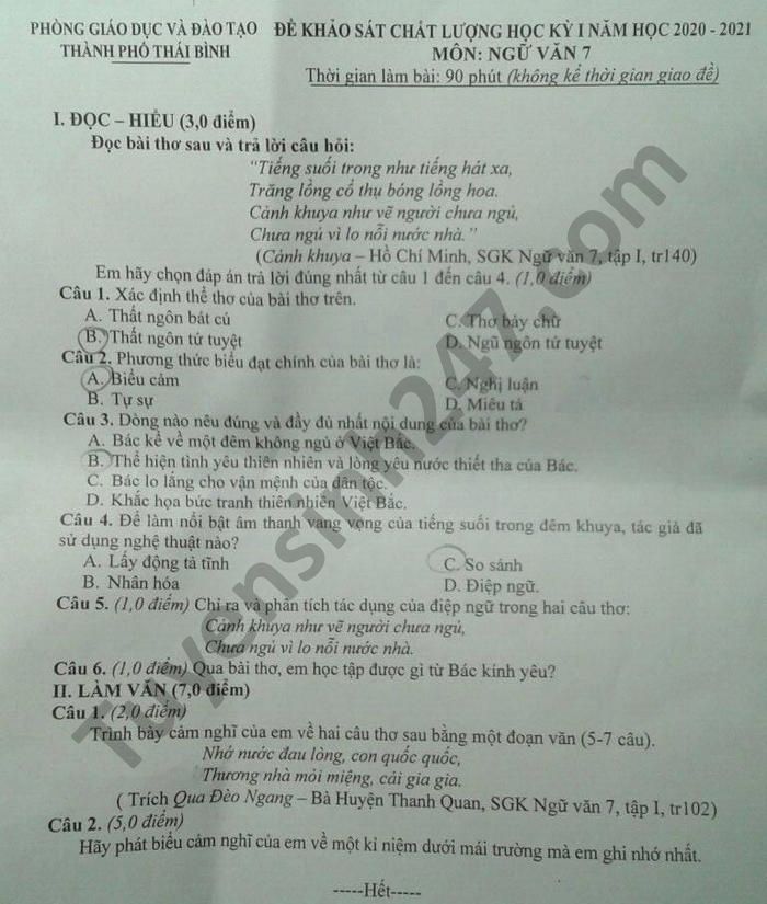 Đề thi học kì 1 môn Văn lớp 7 TP Thái Bình năm 2020 
