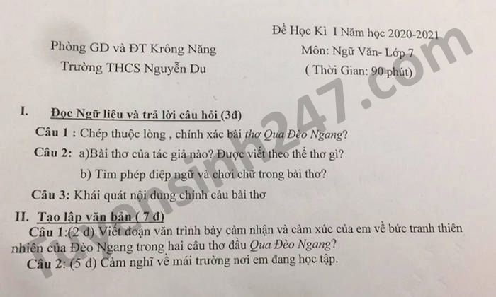 Đề thi học kì 1 môn Văn lớp 7 năm 2020 THCS Nguyễn Du 