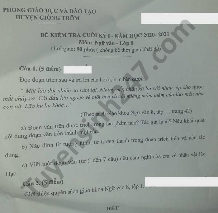 Đề thi học kì 1 Văn lớp 8 huyện Giồng Trôm năm 2020