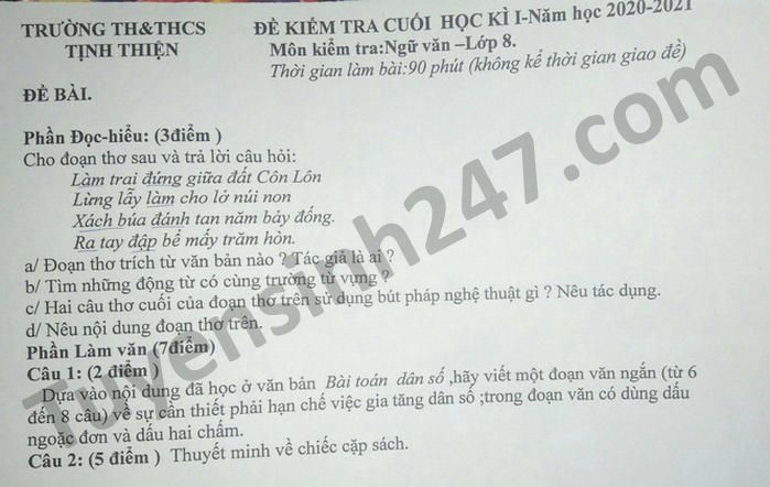 Đề thi học kì 1 Văn lớp 8 năm 2020 TH-THCS Tịnh Thiện