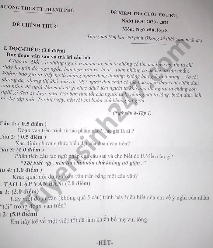 Đề thi học kì 1 năm 2020 THCS TT Thạnh Phú môn Văn lớp 8 