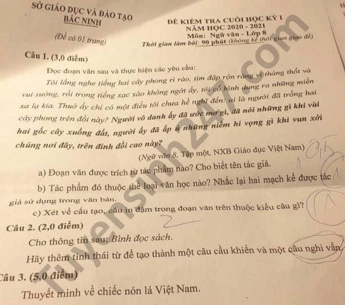 Đề thi học kì 1 môn Văn lớp 8 tỉnh Bắc Ninh năm 2020