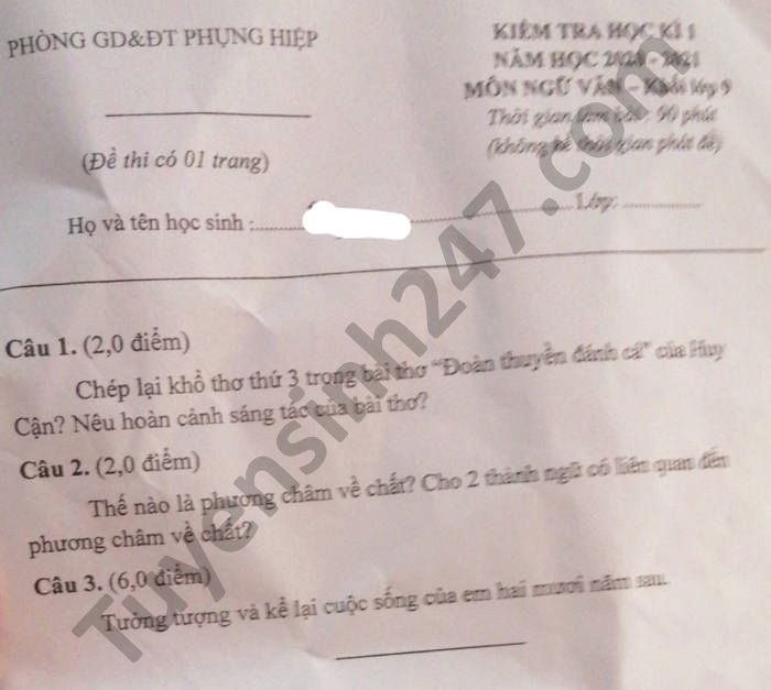 Đề thi học kì 1 năm 2020 Phòng GD Phụng Hiệp môn Văn lớp 9 