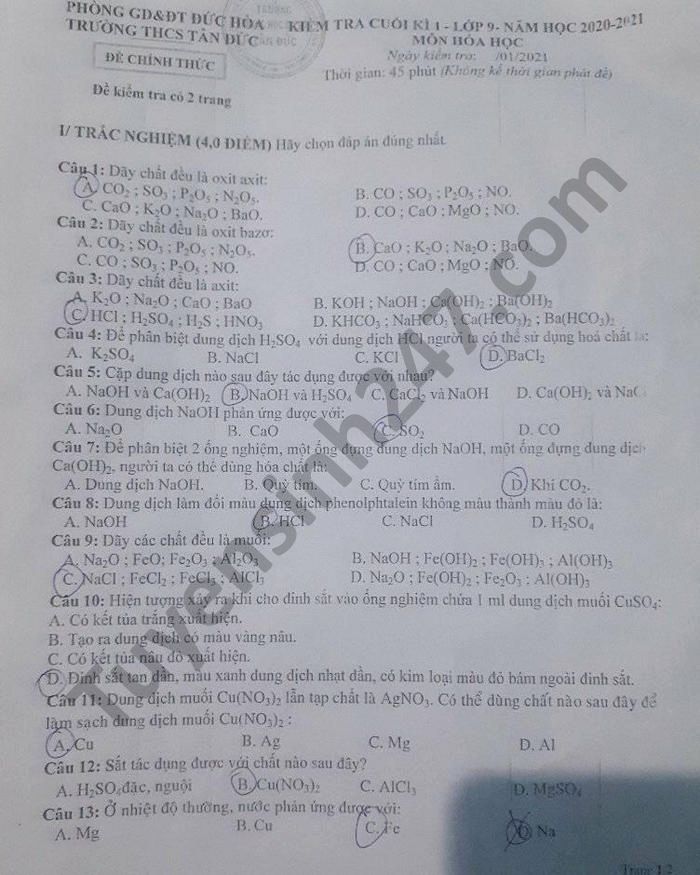 Đề thi học kì 1 THCS Tân Đức năm 2020 môn Hóa lớp 9