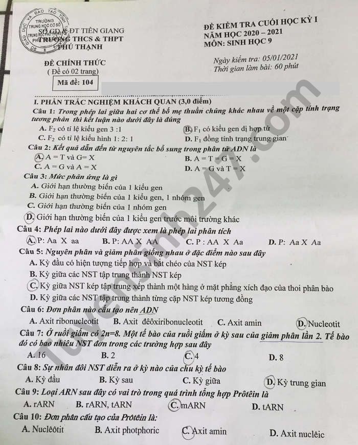 Đề thi học kì 1 môn Sinh lớp 9 năm 2020 THCS-THPT Phú Thạnh