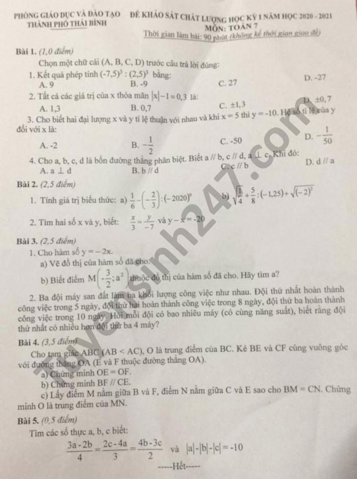 Đề thi học kì 1 môn Toán lớp 7 năm 2020 Phòng GD TP Thái Bình