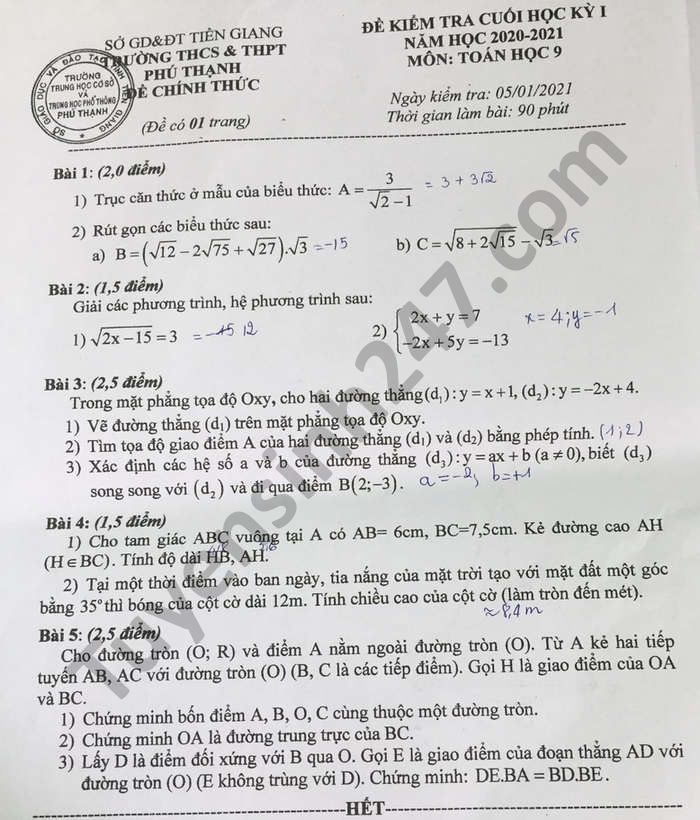 Đề thi học kì 1 năm 2020 THCS-THPT Phú Thạnh môn Toán lớp 9 