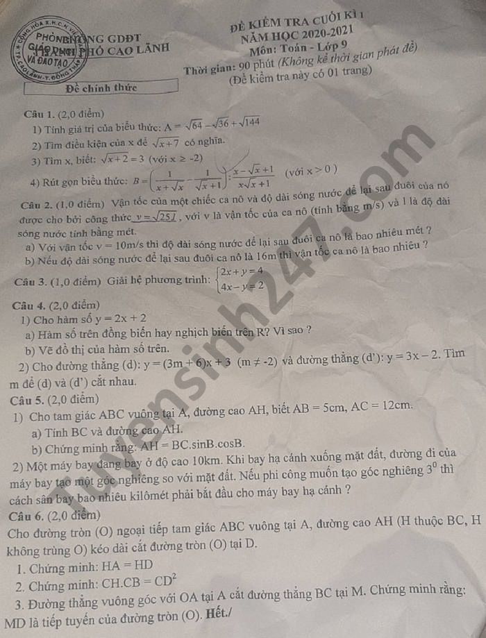 Đề thi học kì 1 Phòng GD TP Cao Lãnh môn Toán lớp 9 năm 2020