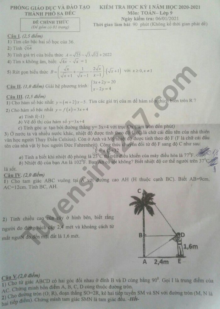 Đề thi học kì 1 môn Toán lớp 9 năm 2020 Phòng GD TP Sa Đéc