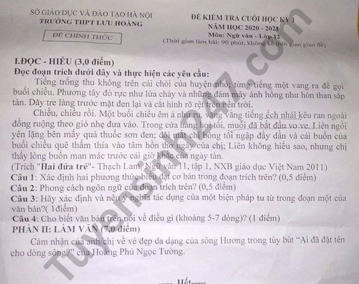 Đề thi học kì 1 môn Văn lớp 12 THPT Lưu Hoàng năm 2020