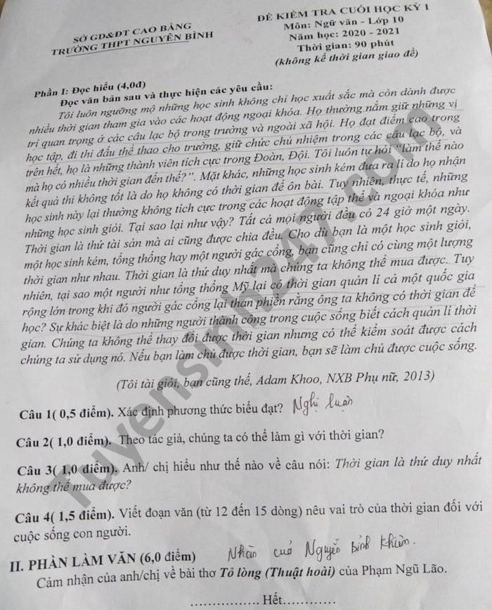 Đề thi học kì 1 THPT Nguyên Bình môn Văn lớp 10 năm 2020