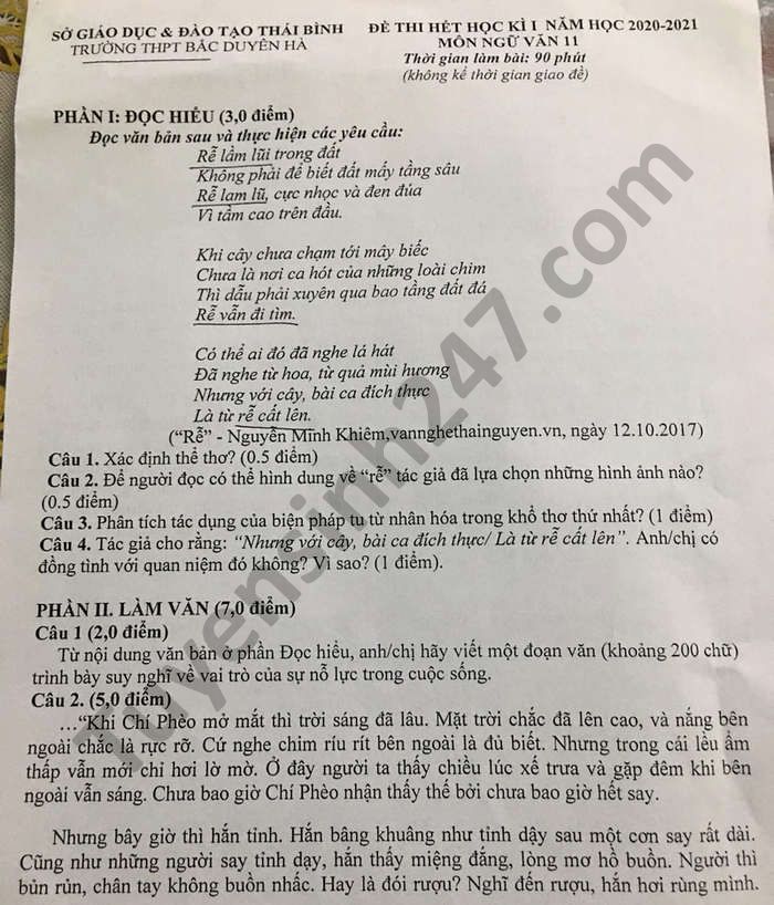 Đề thi học kì 1 môn Văn lớp 11 THPT Bắc Duyên Hà năm 2020