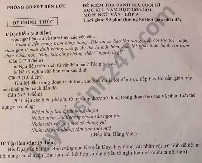 Đề thi học kì 1 môn Văn lớp 9 Phòng GD Bến Lức năm 2020