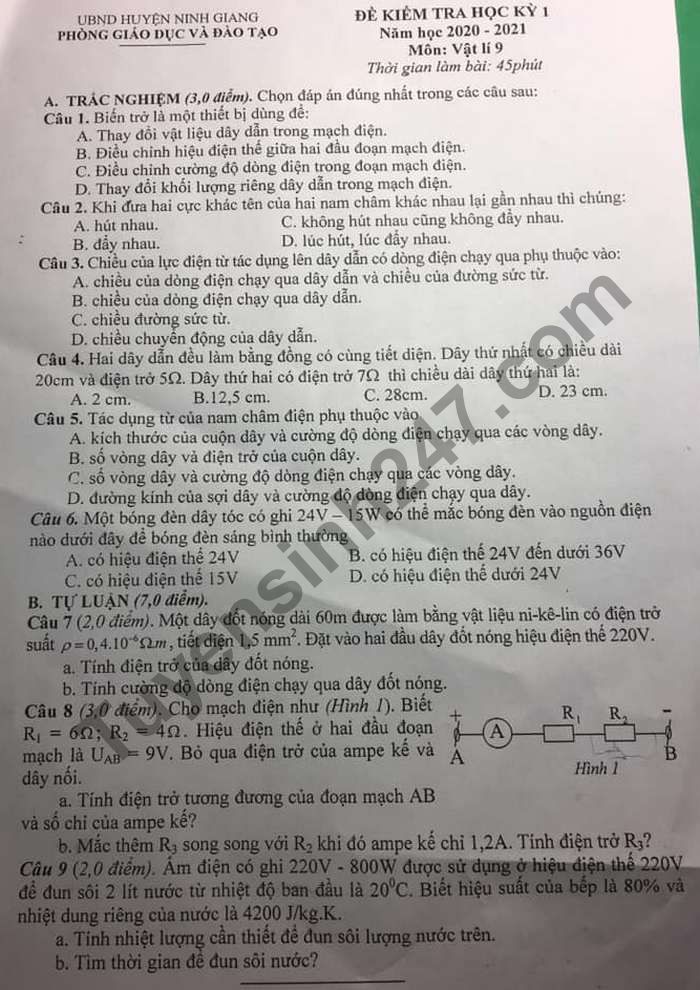 Đề thi học kì 1 huyện Ninh Giang năm 2020 lớp 9 môn Lý