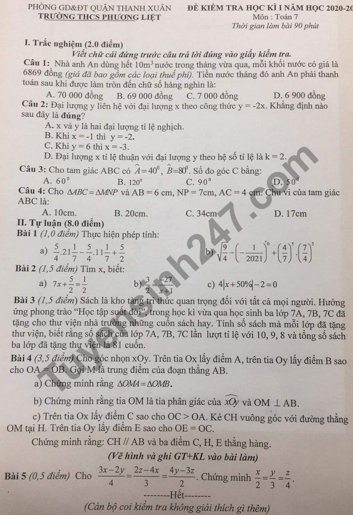 Đề thi học kì 1 THCS Phương Liệt 2020 - 2021 môn Toán lớp 7 