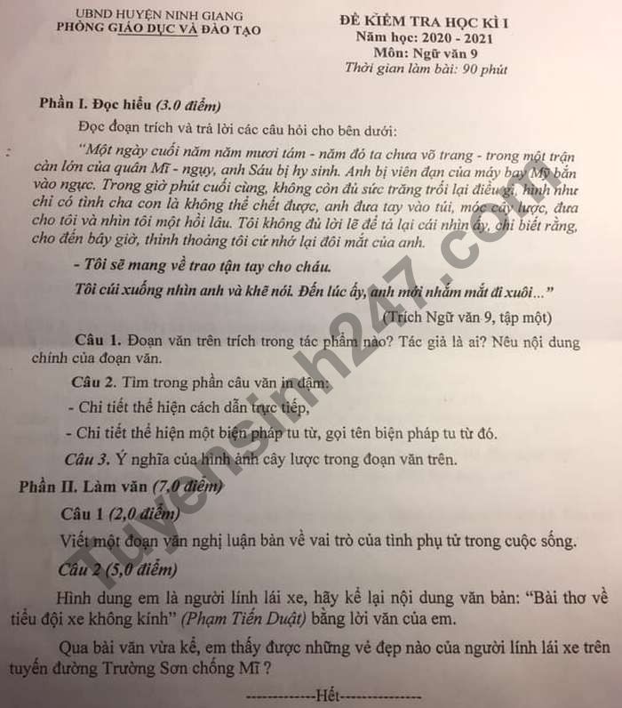 Đề thi học kì 1 môn Văn lớp 9 năm 2020 huyện Ninh Giang