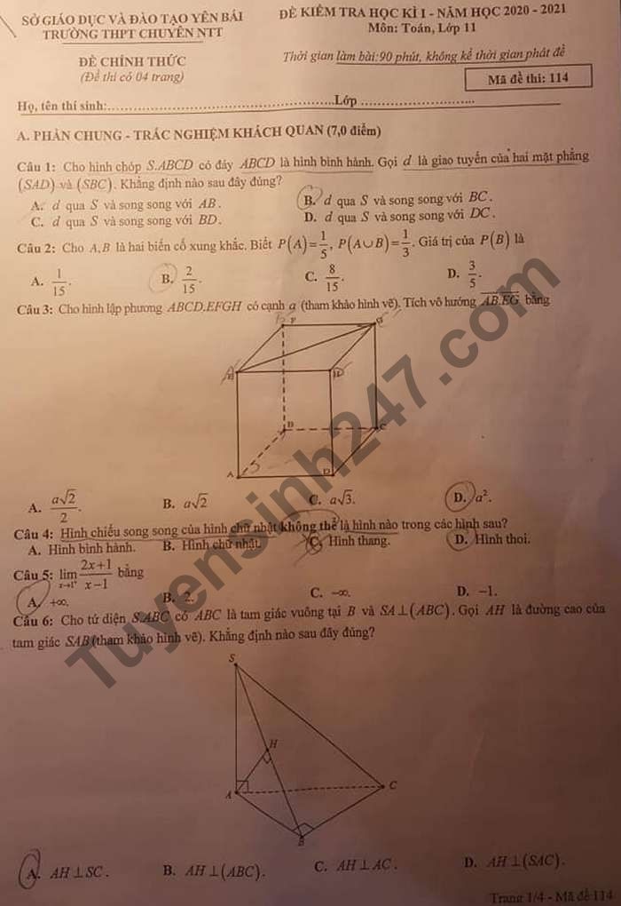 Đề thi học kì 1 THPT Chuyên Nguyễn Tất Thành 2020 lớp 11 môn Toán