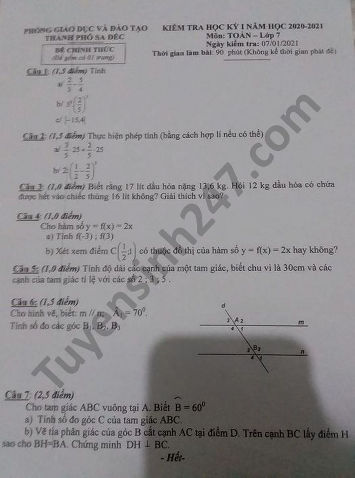 Đề thi học kì 1 năm 2020 Phòng GD TP Sa Đéc môn Toán lớp 7