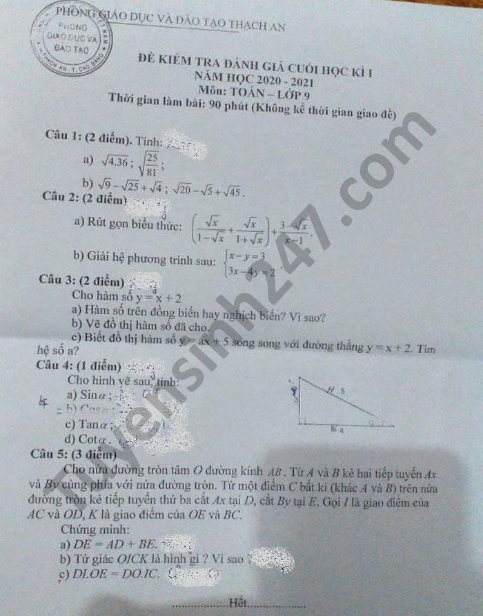 Đề thi học kì 1 Toán lớp 9 Phòng GD Thạch An năm 2020