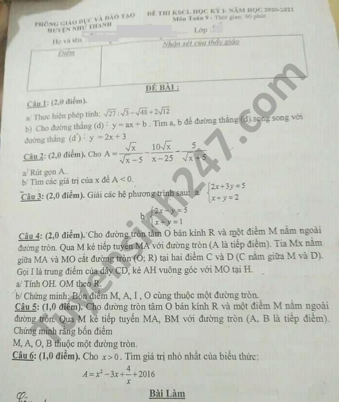 Đề thi học kì 1 môn Toán lớp 9 năm 2020 huyện Như Thanh