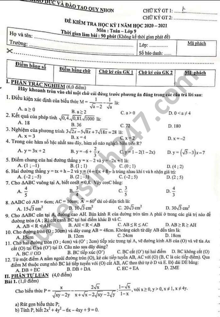 Đề thi học kì 1 năm 2020 môn Toán lớp 9 Phòng GD Quy Nhơn