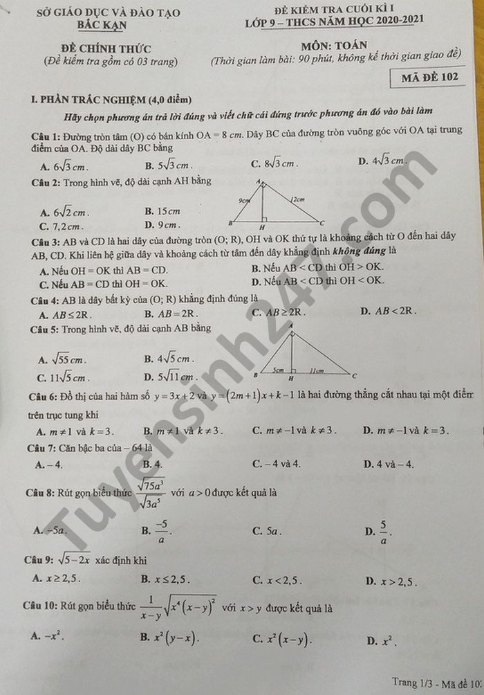 Đề thi học kì 1 môn Toán lớp 9 tỉnh Bắc Kạn năm 2020