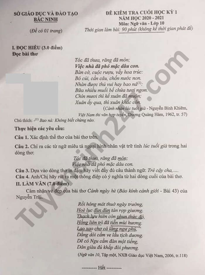 Đề thi học kì 1 năm 2020 tỉnh Bắc Ninh môn Văn lớp 10
