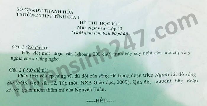 Đề thi học kì 1 Văn lớp 12 THPT Tĩnh Gia 1 năm 2020 