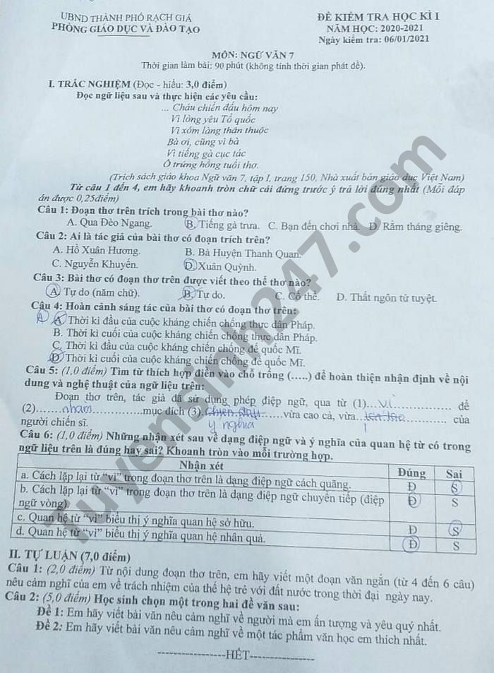 Đề thi học kì 1 môn Văn lớp 7 năm 2020 Phòng GD TP Rạch Giá 