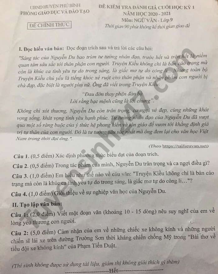 Đề thi học kì 1 môn Văn lớp 9 năm 2020 huyện Phú Bình 