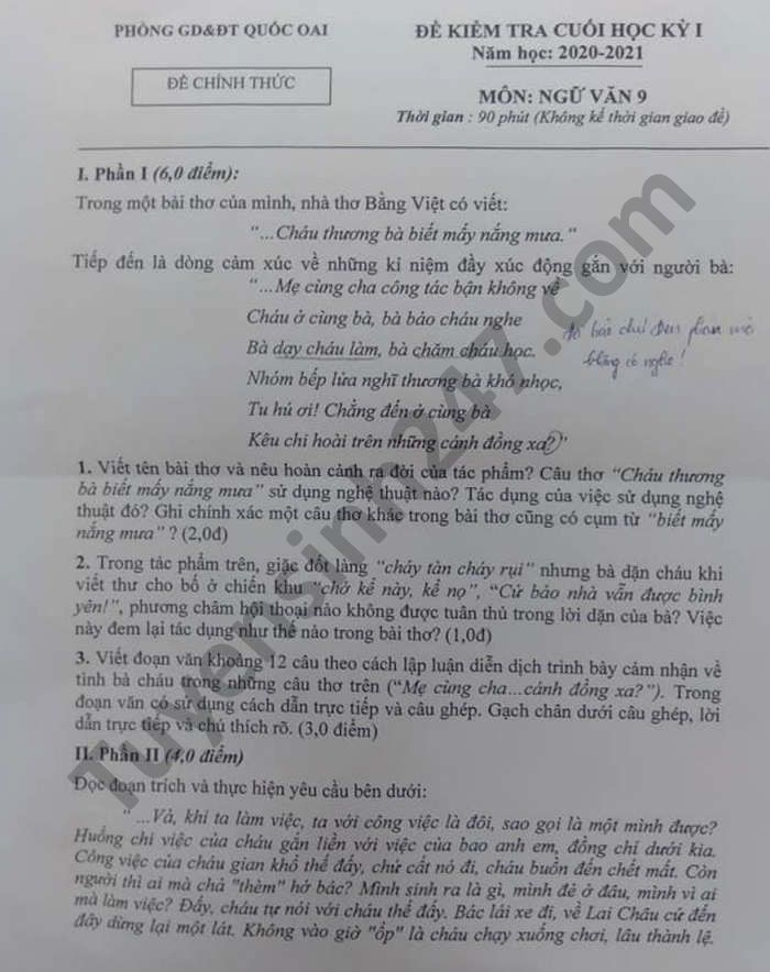 Đề thi học kì 1 Phòng GD Quốc Oai môn Văn lớp 9 năm 2020