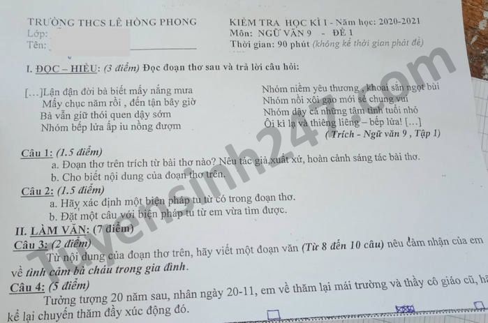 Đề thi học kì 1 năm 2020 Văn lớp 9 THCS Lê Hồng Phong
