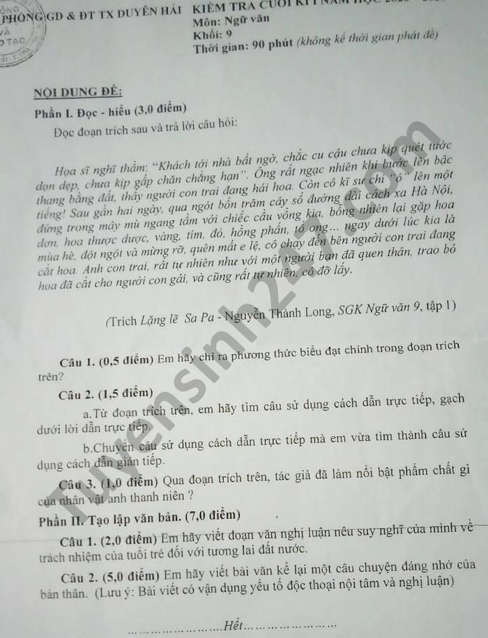 Đề thi học kì 1 năm 2020 Phòng GD TX Duyên Hải môn Văn lớp 9 