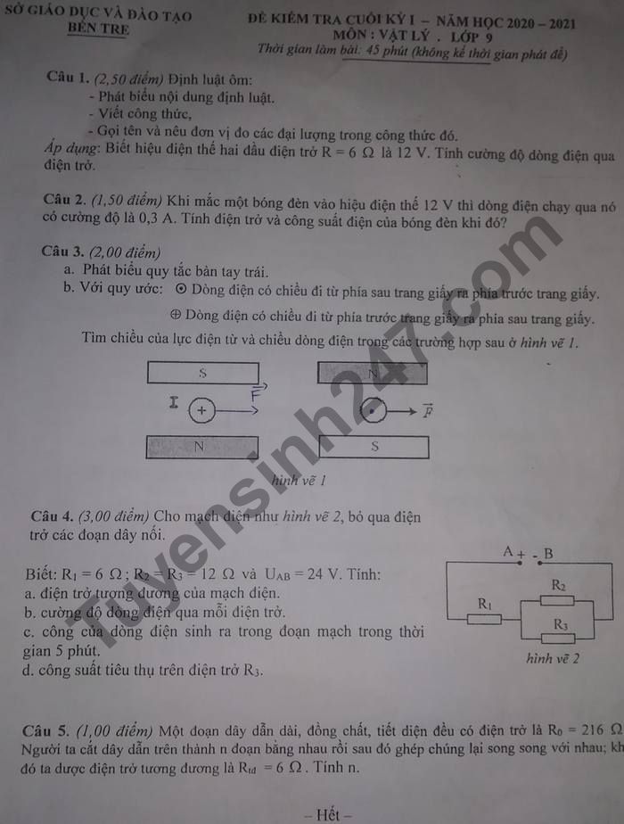 đề Thi Học Ki 1 Lớp 9 Mon Ly 21 Sở Gd Bến Tre