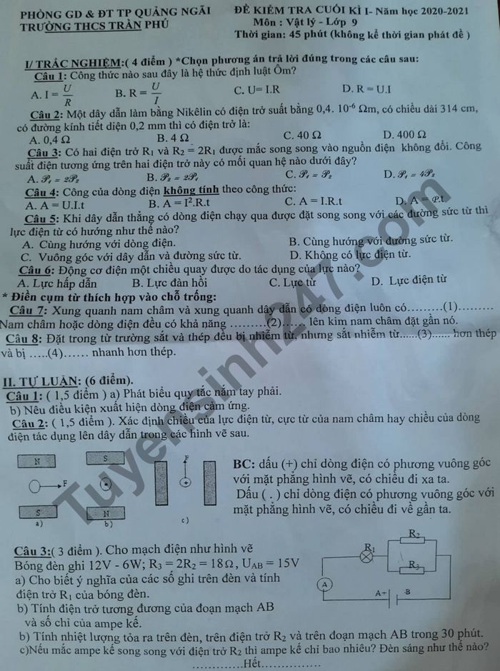 Đề thi học kì 1 THCS Trần Phú 2020 - 2021 môn Lý lớp 9 