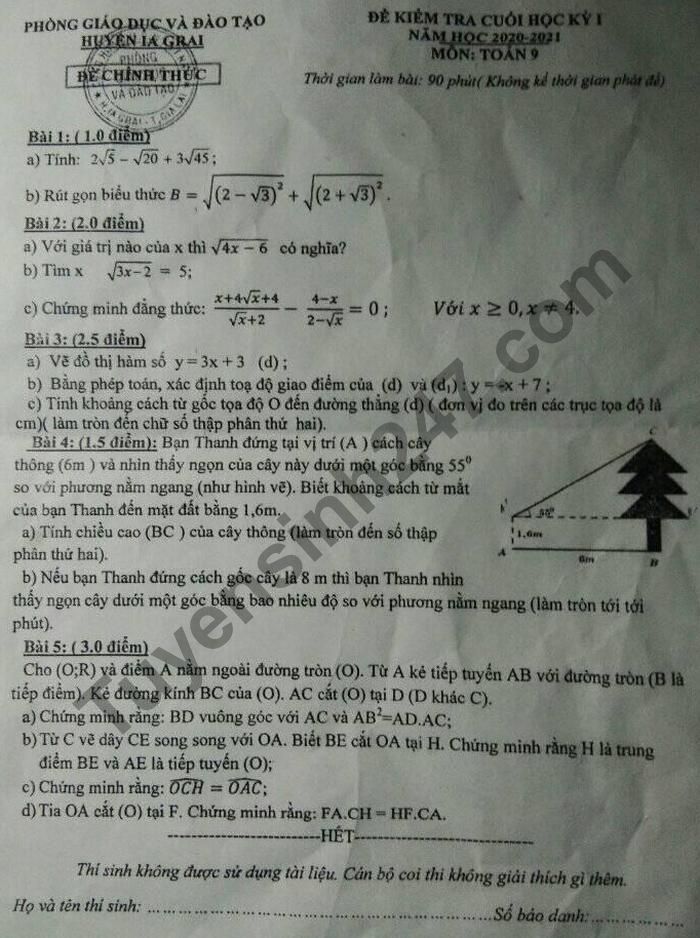 Đề thi học kì 1 Phòng GD huyện Ia Grai 2020 môn Toán lớp 9