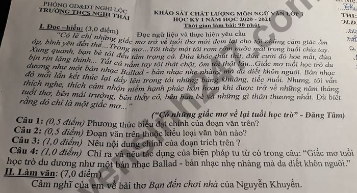 Đề thi học kì 1 lớp 7 môn Văn năm 2020 THCS Nghi Thái