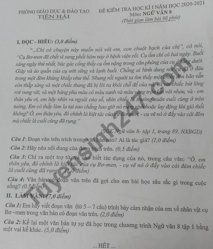 Đề thi học kì 1 Phòng GD Tiền Hải 2020 - 2021 môn Văn lớp 8