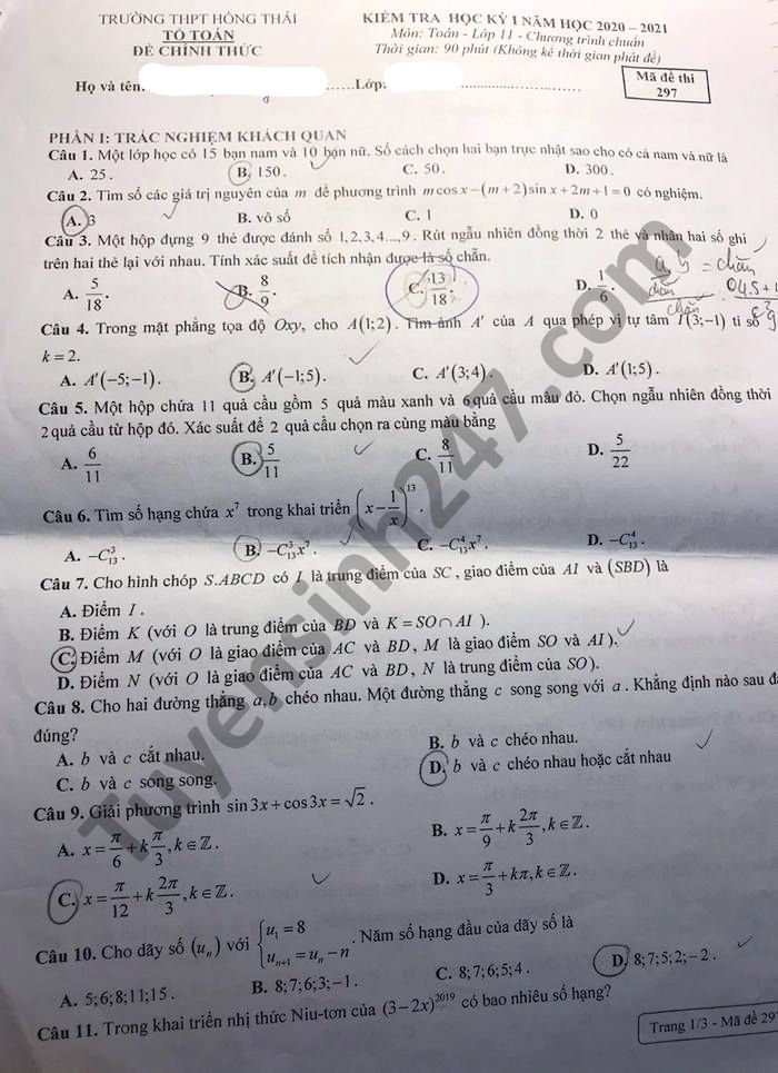 Đề thi học kì 1 năm 2020 THPT Hồng Thái môn Toán lớp 11