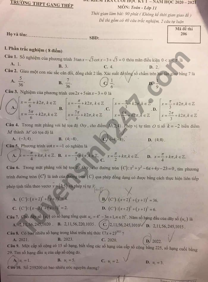 Đề thi học kì 1 năm 2020 THPT Gang Thép môn Toán lớp 11 