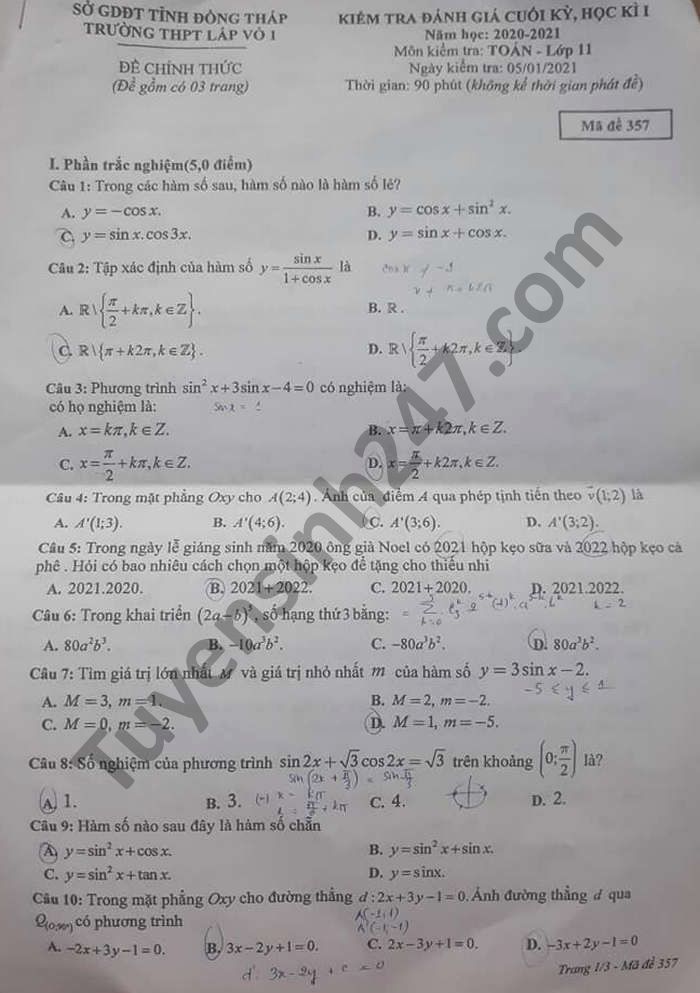 Đề thi học kì 1 môn Toán lớp 11 THPT Lấp Vò 1 năm 2020
